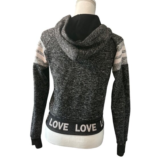 New Look Womens Gray & Pink Love Patch Cropped Zip-Up Hoodie W/ Striped Sleeves - Picture 3 of 13